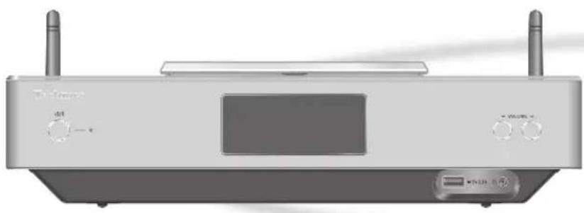 Front view of a silver electronic device with two antennas and a display screen (no visible text or symbols)