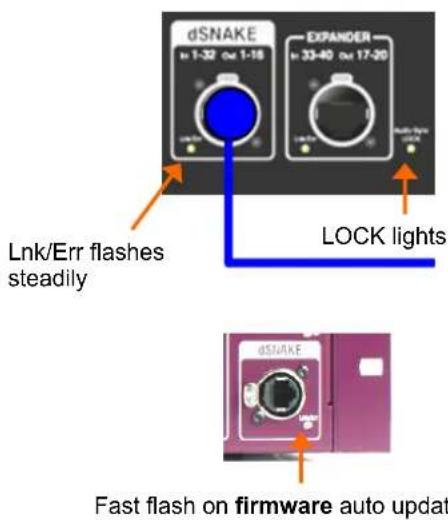 dSNAKE 1-32 0x 1-18 EXPANDER 33-40 0x 17-20 Link/Err flashes steadily LOCK lights dSNAKE Fast flash on firmware auto updat