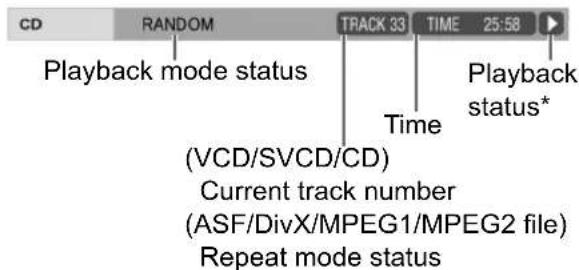 CD RANDOM TRACK 33 TIME 25:58 Playback mode status Time Playback status* (VCD/SVCD/CD) Current track number (ASF/DivX/MPEG1/MPEG2 file) Repeat mode status