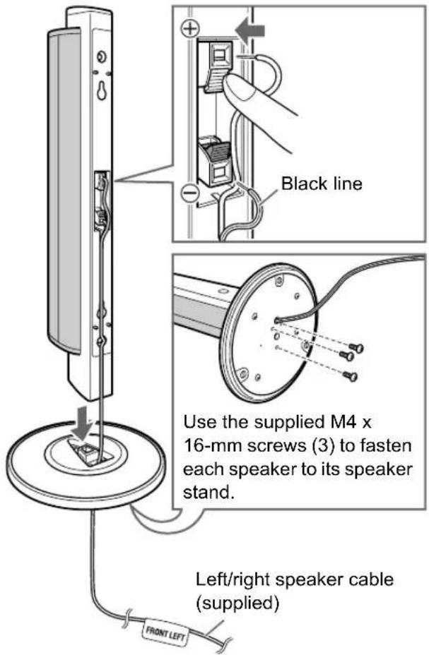 Black line Use the supplied M4 x 16-mm screws (3) to fasten each speaker to its speaker stand. Left/right speaker cable (supplied) FRONT LEFT