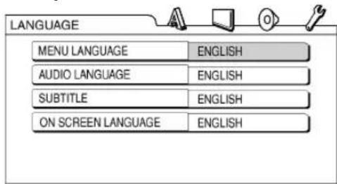 LANGUAGE MENU LANGUAGE ENGLISH AUDIO LANGUAGE ENGLISH SUBTITLE ENGLISH ON SCREEN LANGUAGE ENGLISH
