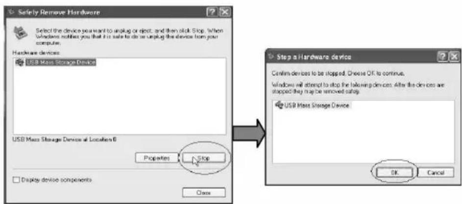 Safety Remove Hardware Select the device you want to unplug or reject, and then click Stop. When Windows notifies you that it is safe to do so unplug the device from your computer. Hardware devices: USB Mass Storage Device USB Mass Storage Device at Location 6 Properties Stop Display device components Close Step a Hardware device Confirm devices to be stopped. Choose OK to continue. Windows will attempt to stop the following devices. After the devices are stopped they may be removed safety. USB Mass Storage Device OK Cancel