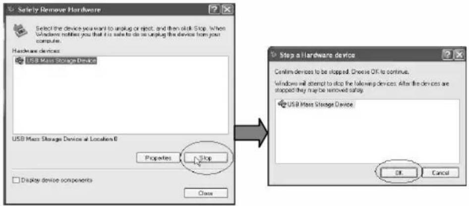 Safety Remove Hardware Select the device you want to unplug or reject, and then click Stop. When Windows notifies you that it is able to do so unplug the device from your computer. Hardware devices: USB Mass Storage Device USB Mass Storage Devices at Location 0 Properties Stop Display device components Close Stop a Hardware device Confirm devices to be stopped. Choose OK to continue. Windows will attempt to stop the following devices. After the devices are stopped they may be removed safety. USB Mass Storage Device OK Cancel