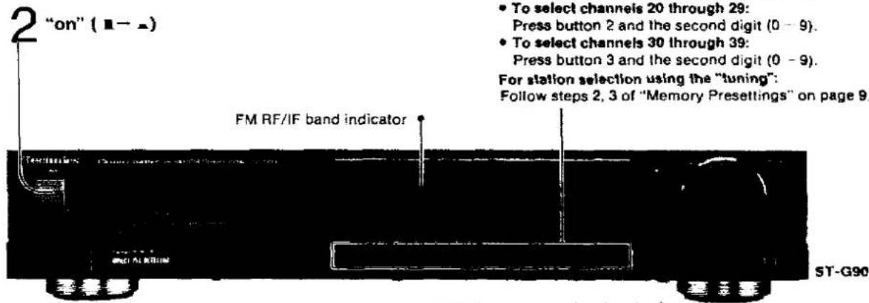 2 "on" ( ■ - △ ) FM RF/IF band indicator To select channels 20 through 29: Press button 2 and the second digit (0 - 9). To select channels 30 through 39: Press button 3 and the second digit (0 - 9). For station selection using the "tuning": Follow steps 2, 3 of "Memory Presettings" on page 9 ST-G90