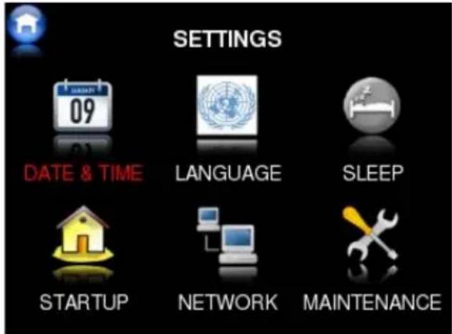 SETTINGS 09 DATE & TIME LANGUAGE SLEEP STARTUP NETWORK MAINTENANCE
