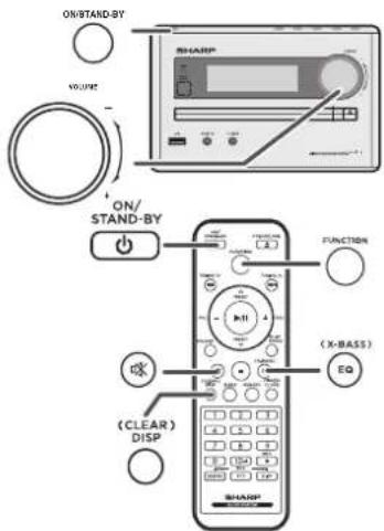 ON/STAND-BY VOLUME ON/ STAND-BY FUNCTION (X-BASS) EQ (CLEAR) DISP SHARP