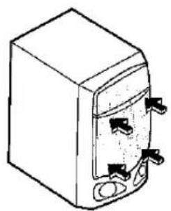 Line drawing of a rectangular electronic device with three ports and a central panel (no text or symbols)