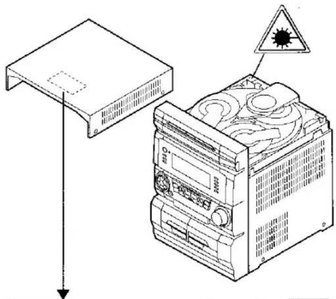 Diagram showing a device with a warning sign and a warning triangle pointing to its component, including a labeled box and internal components.