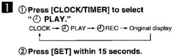 ①Press [CLOCK/TIMER] to select "④ PLAY." CLOCK → ② PLAY → ④ REC → Original display ②Press [SET] within 15 seconds.
