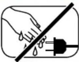 Safety warning symbol showing hand holding a diagonal line with water droplets and a plug, indicating hazard or leakage.