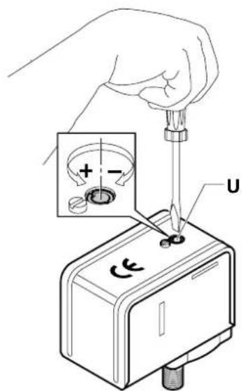 Diagram showing a hand using a screwdriver to adjust a component, with an inset magnified view highlighting the positive and negative polarity.