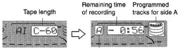 Tape length PI C-60 Remaining time of recording Programmed tracks for side A A ... 0:56