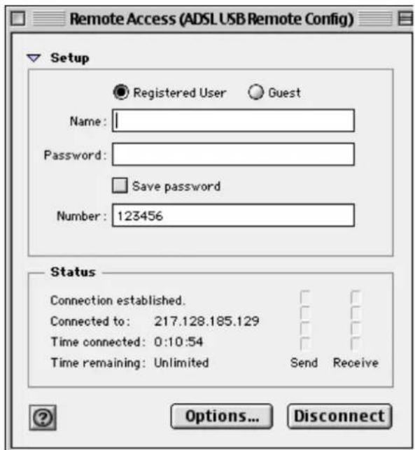 Remote Access (ADSL USB Remote Config) Setup Registered User Guest Name: Password: Save password Number: 123456 Status Connection established. Connected to: 217.128.185.129 Time connected: 0:10:54 Time remaining: Unlimited Send Receive Options... Disconnect