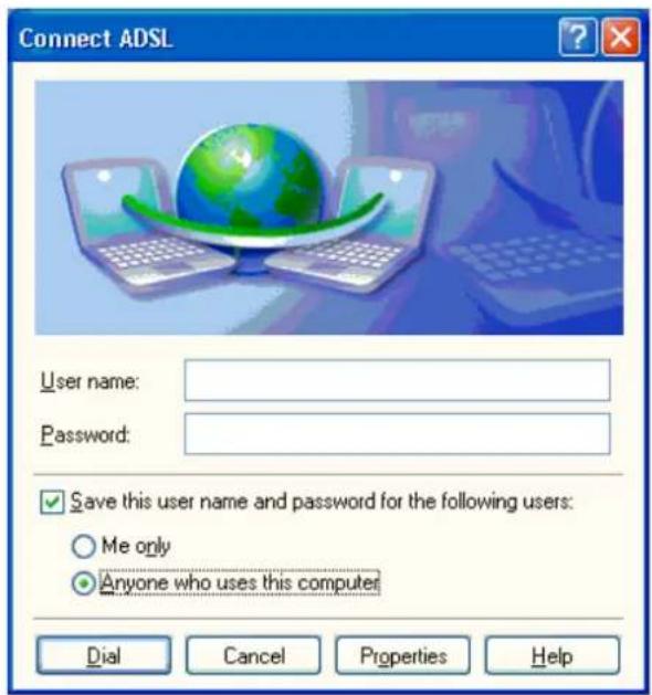 Connect ADSL User name: Password: ✓ Save this user name and password for the following users: ○ Me only ● Anyone who uses this computer Dial Cancel Properties Help