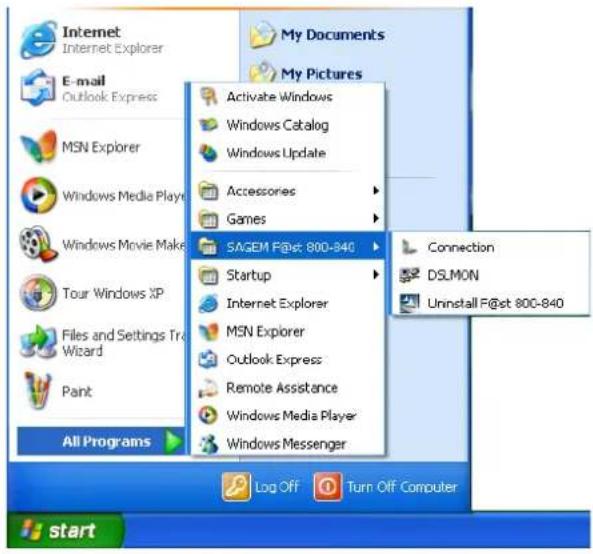 Internet Internet Explorer My Documents My Pictures E-mail Outlook Express MSN Explorer Windows Media Play Windows Movie Make Tour Windows XP Files and Settings Tr Wizard Pant All Programs Activate Windows Windows Catalog Windows Update Accessories Games SAGEM F@st 800-840 Startup Internet Explorer MSN Explorer Outlook Express Remote Assistance Windows Media Player Windows Messenger Connection DSLMON Urinstall F@st 800-840 Log Off Turn Off Computer start