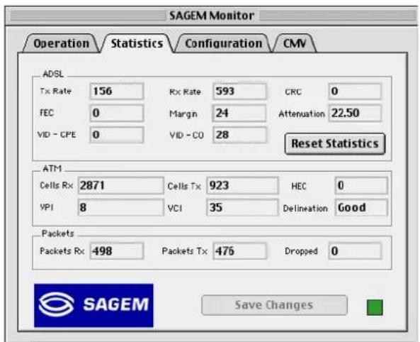 SAGEM Monitor Operation Statistics Configuration CMV ADSL Tx Rate 156 Rx Rate 593 CRC 0 FEC 0 Margin 24 Attenuation 22.50 VID - CPE 0 VID - CO 28 Reset Statistics ATM Cells Rx 2871 Cells Tx 923 HEC 0 VPI 8 VCI 35 Delineation Good Packets Packets Rx 498 Packets Tx 476 Dropped 0 Save Changes SAGEM