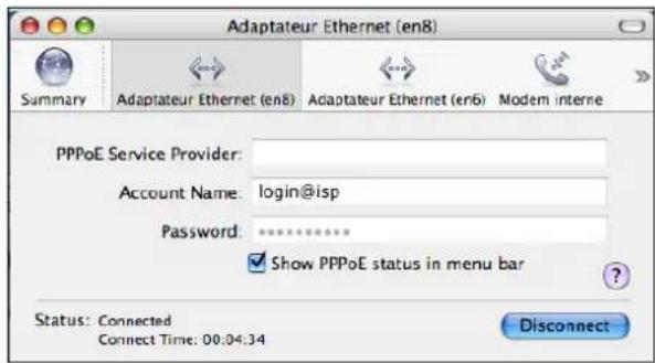 Adaptateur Ethernet (en8) Summary Adaptateur Ethernet (en8) Adaptateur Ethernet (en6) Modem interne PPPoE Service Provider: Account Name: login@isp Password: ******** ✓ Show PPPoE status in menu bar Status: Connected Connect Time: 00:04:34 Disconnect