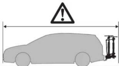 Diagram showing a car with a warning sign and a pump, indicating vehicle safety or hazard.