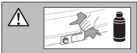 Warning sign with warning triangle and hand holding a tool, next to a bottle and magnifying glass