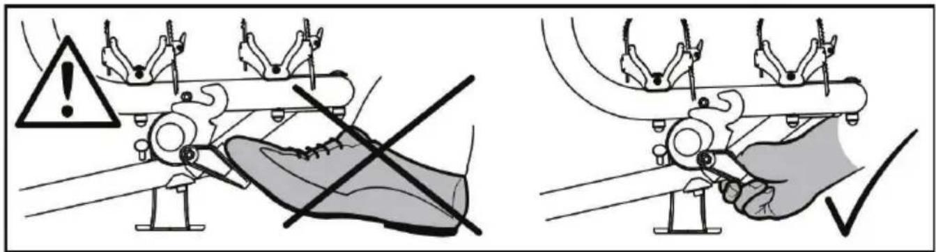 Safety warning illustration showing incorrect and correct safety rules for a foot wearing shoes, with warning symbols and checkmark.