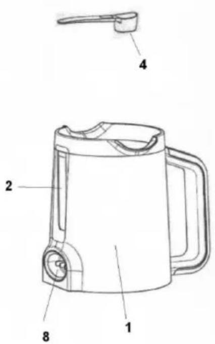 Technical diagram of a kettle with labeled parts including handle, lid, and base