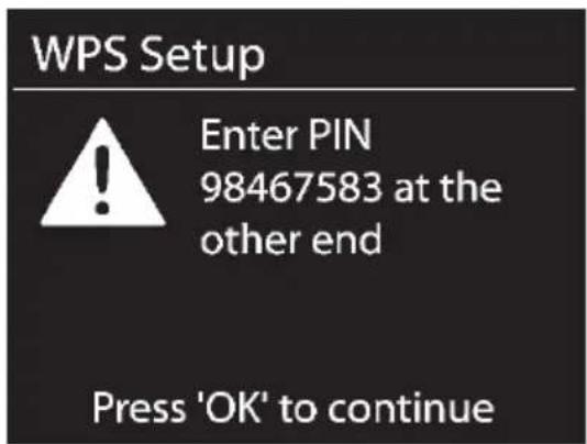 WPS Setup Enter PIN 98467583 at the other end Press 'OK' to continue