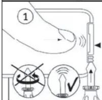 Diagram showing a hand holding a tool with warning symbols and electrical circuit symbols, including a switch and lamp mechanism.