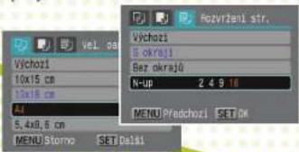 Vychosz 10x15 cm 12x18 cm A4 5,4x8,6 cm MENU Storno SET Dela1 Vychosz 5 okraj1 Bez okraj0 N-up 2 4 9 76 MENU Predchizi SET OK