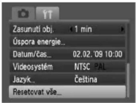 Zasunutí obj. 1 min Úspora energie... Datum/čas... 02.02. '09 10:00 Videosystém NTSC PAL Jazyk... Čeština Resetovat vše_