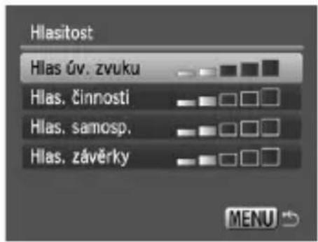 Hlasitost Hlas úv. zvuku Hlas. činnosti Hlas. samosp. Hlas. závěrky MENU
