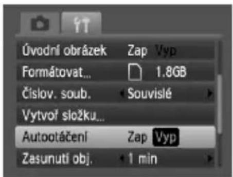 Úvodní obrázek Zap Vyp Formátovat... 1.8GB Číslov. soub. • Souvislé Vytvoř složku... Autootáčení Zap Vyp Zasunutí obj. 1 min
