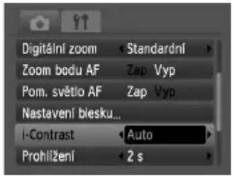 Digitální zoom Zoom bodu AF Pom. světlo AF Nastavení blesku... I-Contrast Prohližení Standardní Zap Vyp Zap Vyp Auto 2 s