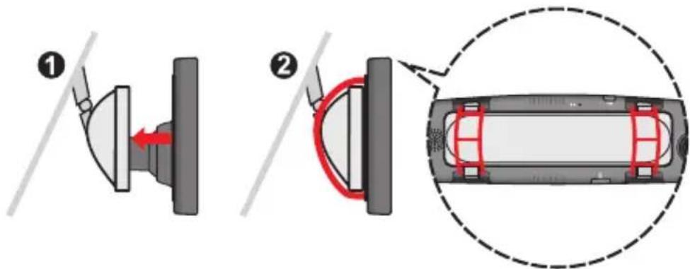 Diagram illustrating vehicle steering and wheel movement, showing two stages of steering and wheel assembly with red arrows indicating direction.