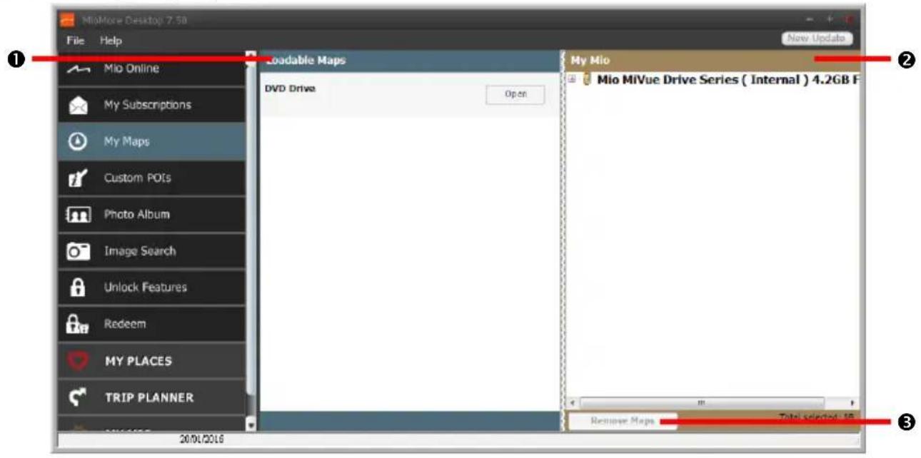 MioMore Desktop 7.5B File Help Mio Online My Subscriptions My Maps Custom POIs Photo Album Image Search Unlock Features Redeem MY PLACES TRIP PLANNER 20/01/2016 Loadable Maps DVD Drive Open My Mio Mio MiVue Drive Series ( Internal ) 4.2GB F Remove Maps Total selected: 18 Now Update