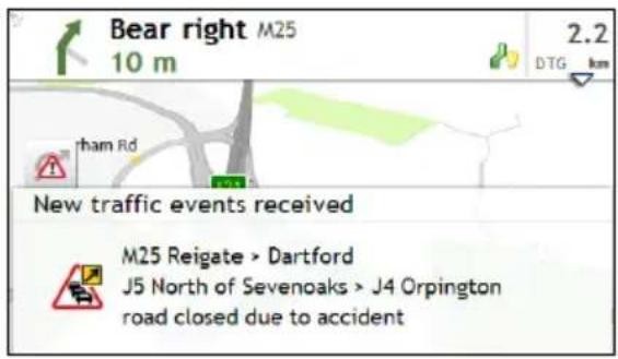 Bear right M25 10 m 2.2 DTG km ham Rd New traffic events received M25 Reigate > Dartford J5 North of Sevenoaks > J4 Orpington road closed due to accident