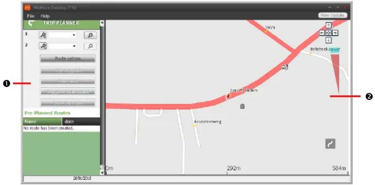 MioMore Desktop 7.50 File Help TRIP PLANNER 1 2 Route options Route type Plan route Map point 3989494 Save No Route Pre-Planned Routes Name date No route has been created. 20/01/2016 New Update Velm Bollabek street Zone E: Vellern Assesteenweg 292m 584m