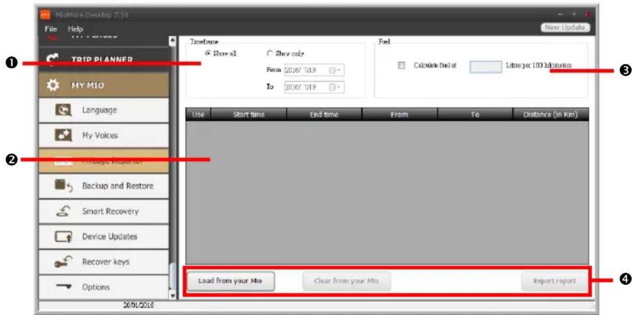 New Update File Help TRIP PLANNER MY MIO Language My Voices Piludge Reporter Backup and Restore Smart Recovery Device Updates Recover keys Options Load from your Mio Clear from your Mio Export report 20/01/2016