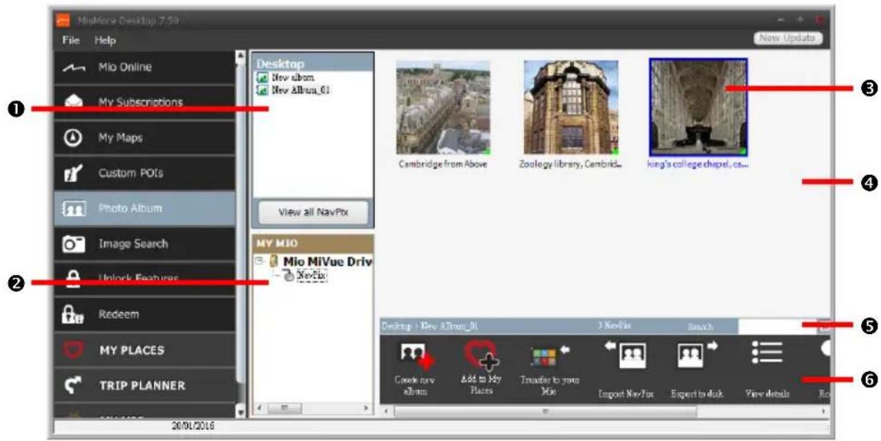 MioMore Desktop 7.50 File Help Mio Online My Subscriptions My Maps Custom POIs Photo Album Image Search Unlock Features Redeem MY PLACES TRIP PLANNER 20/01/2016 Desktop New album New Album_01 View all NavPix MY MIO Mio MiVue Drive NewFix Cambridge from Above Zoology library, Cambridge... king's college chapel, co... Desktop - New Album_01 3 Netflix Search Create new album Add to My Places Transfer to your Mix Import NewFox Export to disk View details Ro