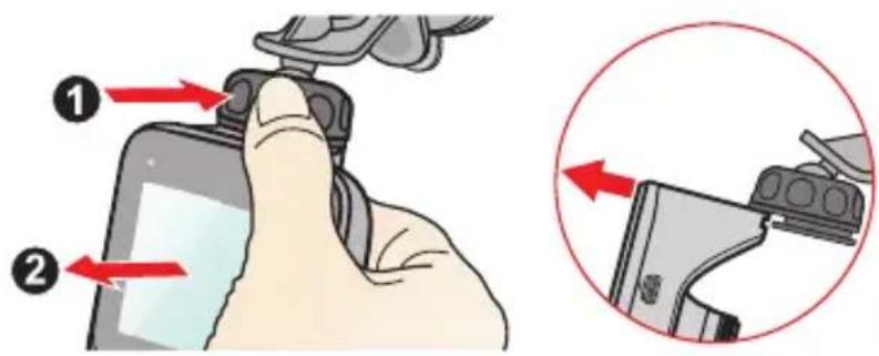 Diagram showing a hand holding a camera module with red arrows indicating action points, alongside a magnified view of the device's adjustment.