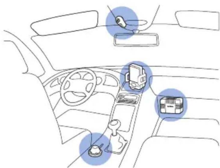 Diagram of a car interior with labeled components including steering wheel, dashboard, and storage unit