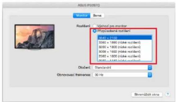 ASUS PS287G Monitor Bena Rozlění: Výchouč pro monitor Přízpůsobení rozlěníní 3640 x 2160 3360 x 1890 (níké rozlění) 3200 x 1800 (níké rozlění) 3008 x 1692 (níké rozlění) 2560 x 1600 (níké rozlění) 3640 x 2160 (níké rozlění) Otočení: Standardní Obnovovací frávanace: 30 Hz Shemášdit okra