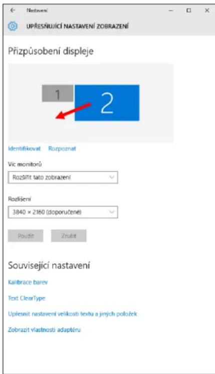 Přizpůsobení displeje 1 2 Identifikovat Rozpoznat Vic monitorů Rozšířit tato zobrazení Rozlišení 3840 × 2160 (doporučené) Použit Zružit Související nastavení Kalibrace barev Text ClearType Upřesnit nastavení velikosti textu a jiných položek Zobrazit vlastnosti adaptéru