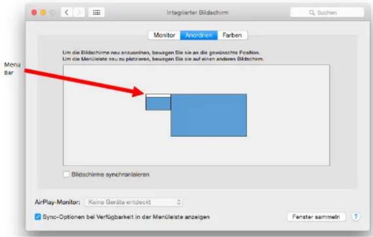 Integrierter Bildschirm Monitor Anordnen Farben Menu Bar Um die Bildschirme neu anzuordnen, bewegen Sie sie an die gewünschte Position. Um die Menüleiste neu zu platzieren, bewegen Sie sie auf einen anderen Bildschirm. Bildschirme synchronisieren AirPlay-Monitor: Keine Geräte entdeckt Sync-Optionen bei Verfügbarkelt in der Menüleiste anzeigen Fenster sammeln