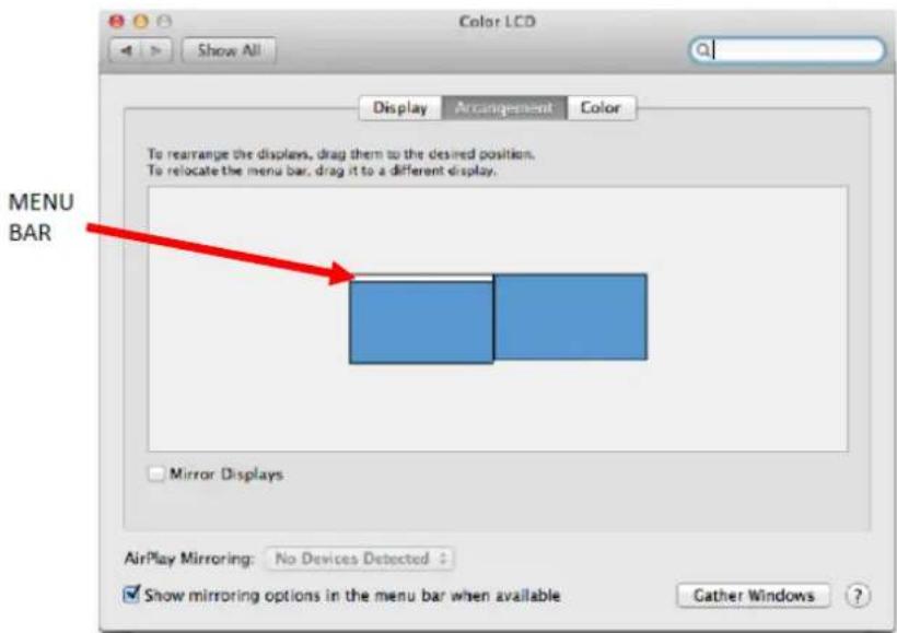 Color LCD Show All Display Arrangement Color To rearrange the displays, drag them to the desired position. To relocate the menu bar, drag it to a different display. MENU BAR Mirror Displays AirPlay Mirroring: No Devices Detected Show mirroring options in the menu bar when available Gather Windows ?