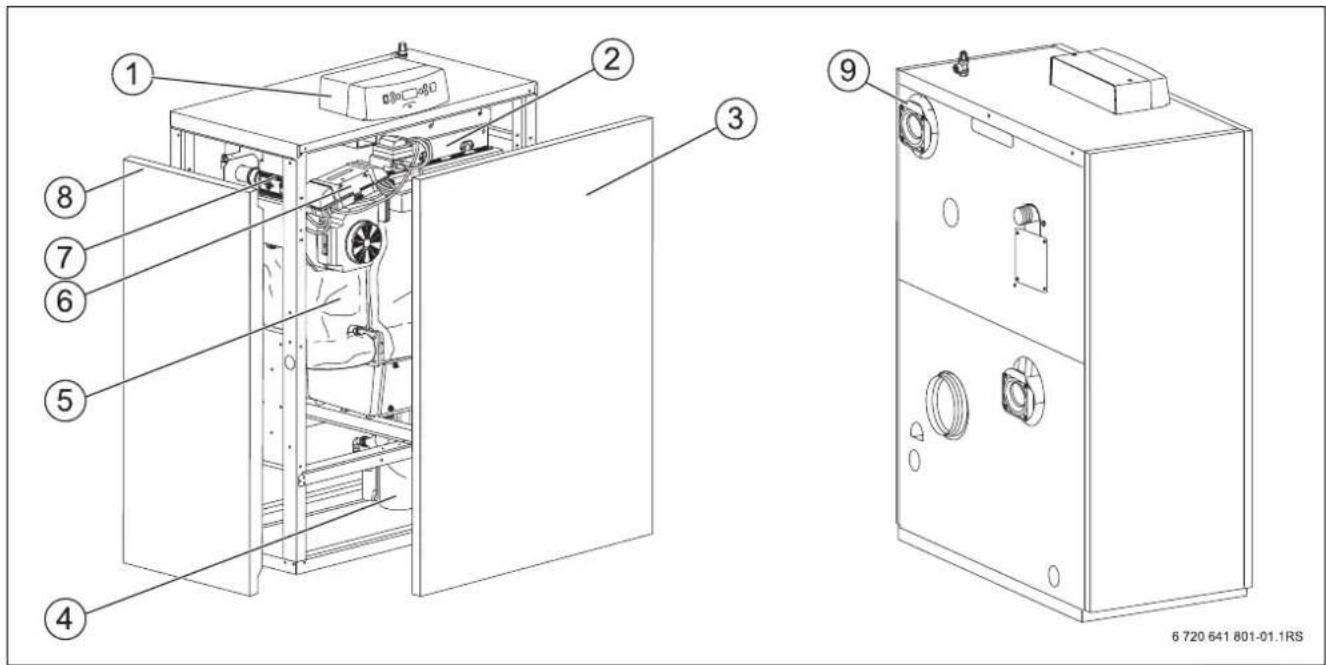 Technical diagram of a mechanical device with numbered components, showing internal structure and exterior view.
