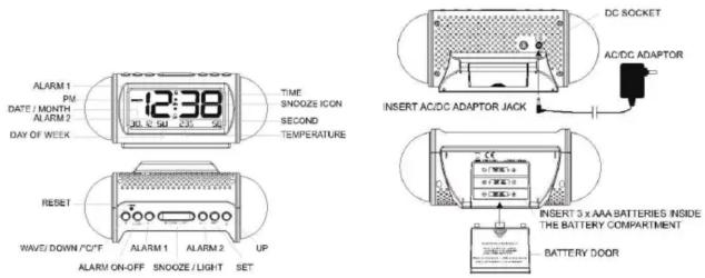 ALARM 1 PM DATE / MONTH ALARM 2 DAY OF WEEK -12:38 TIME SNOOZE ICON SECOND TEMPERATURE RESET WAVE/ DOWN/°C'F ALARM 1 ALARM 2 UP ALARM ON-OFF SNOOZE/LIGHT SET DC SOCKET AC/DC ADAPTOR INSERT AC/DC ADAPTOR JACK INSERT 3 x AAA BATTERIES INSIDE THE BATTERY COMPARTMENT BATTERY DOOR