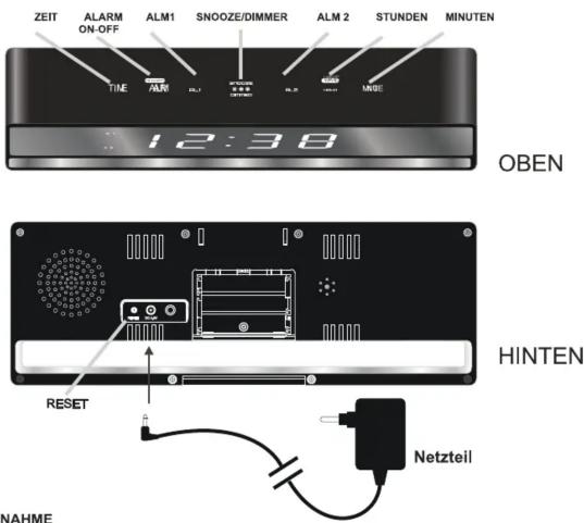 ZEIT ALARM ON-OFF ALM1 SNOOZE/Dimmer ALM 2 STUNDEN MINUTEN TIME ALM1 ML 2 MODE 12:38 OBEN HINTEN RESET Netzteil NAHME