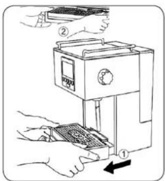 Diagram showing hands operating a device with labeled parts, including a control panel and directional arrow indicating movement.