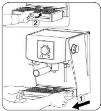Diagram showing a hand using a coffee machine with labeled parts and directional arrows indicating process steps.