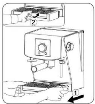 Diagram showing a hand operating a coffee machine with labeled parts and directional arrows indicating operation.